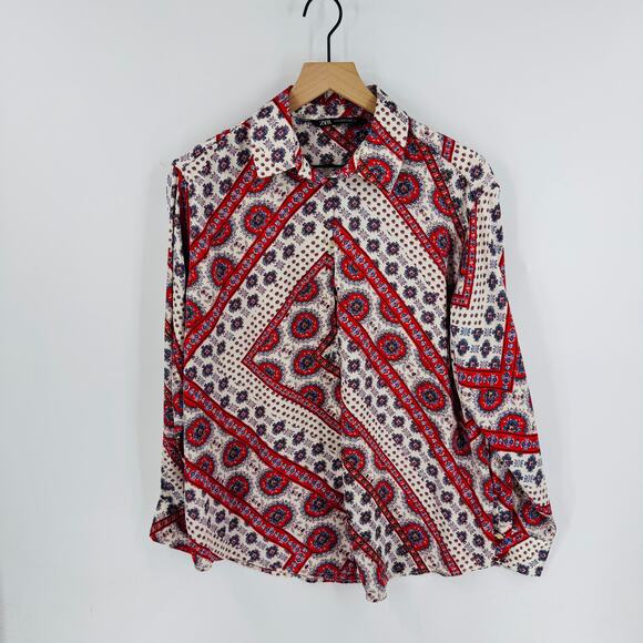 ZARA Boho Paisley Print Button Down Shirt Red Blue Cream Long Sleeve Top Size M - Picture 1 of 5